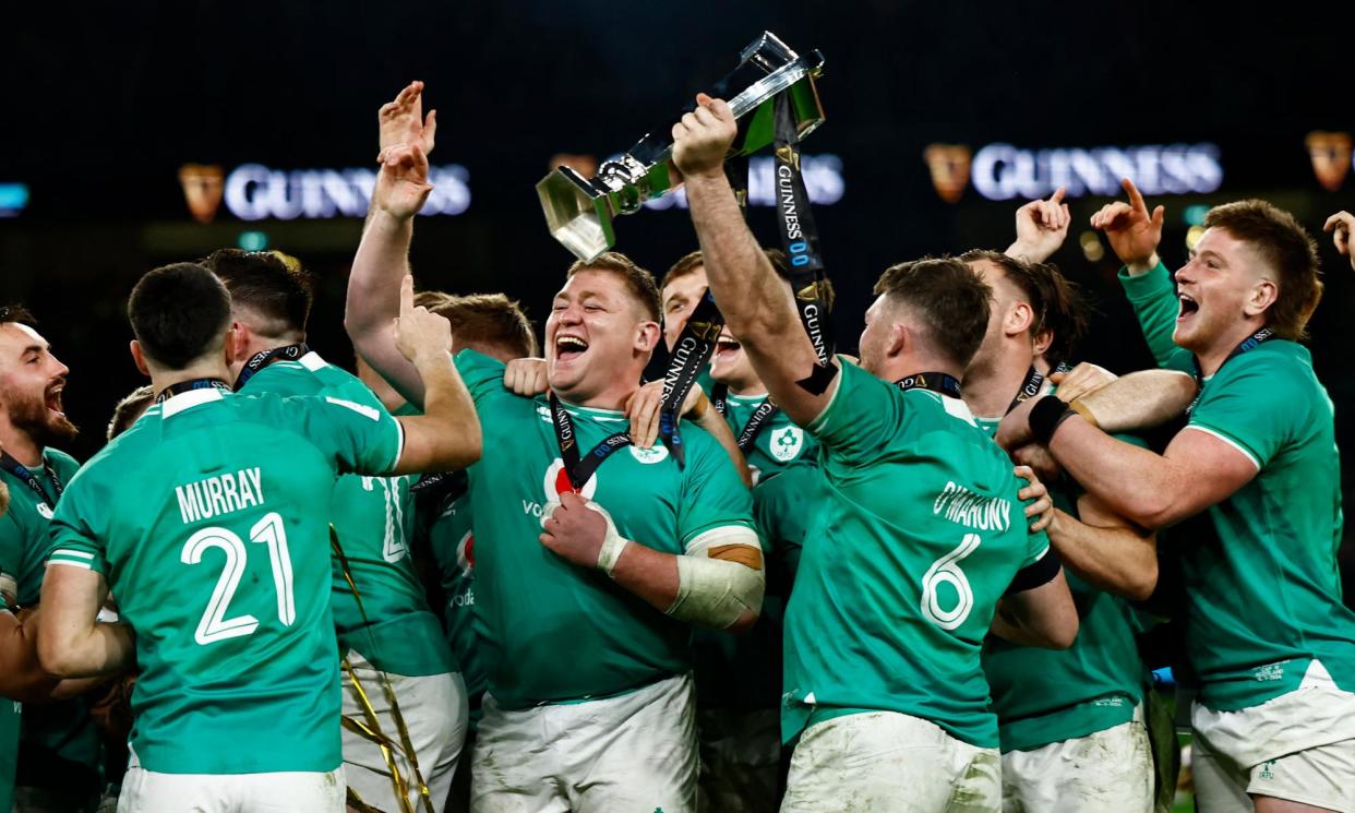 <span>Ireland players celebrate with the trophy after winning the Six Nations. Expanding the final weekend would create a Super Saturday.</span><span>Photograph: Clodagh Kilcoyne/Reuters</span>