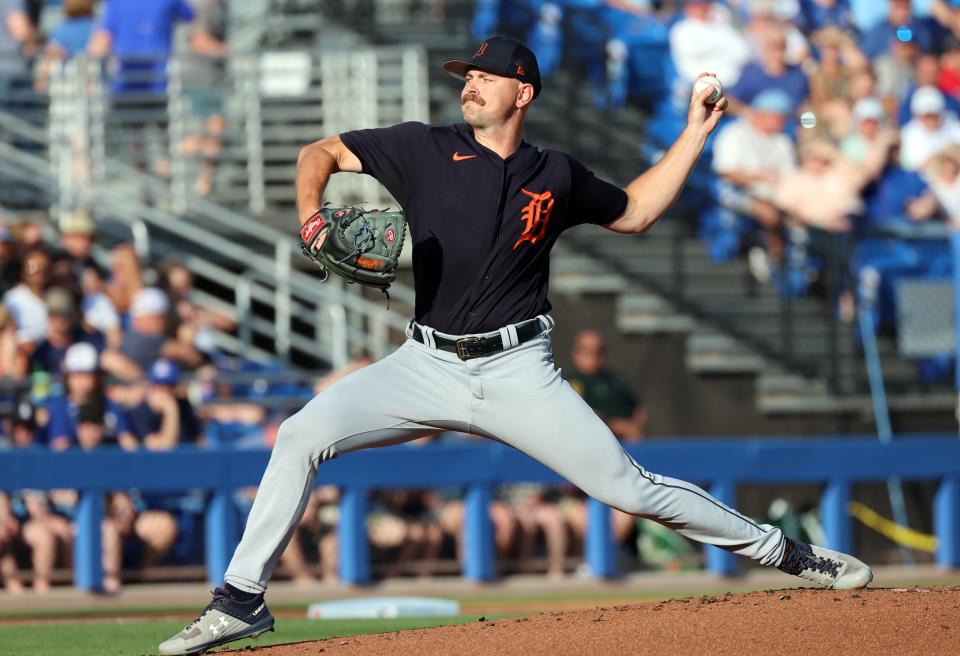 Detroit Tigers starting pitcher Tyler Alexander (70) throws a pitch against the Toronto Blue Jays during the first inning at TD Ballpark in Dunedin, Florida, on Saturday, March 25, 2023.