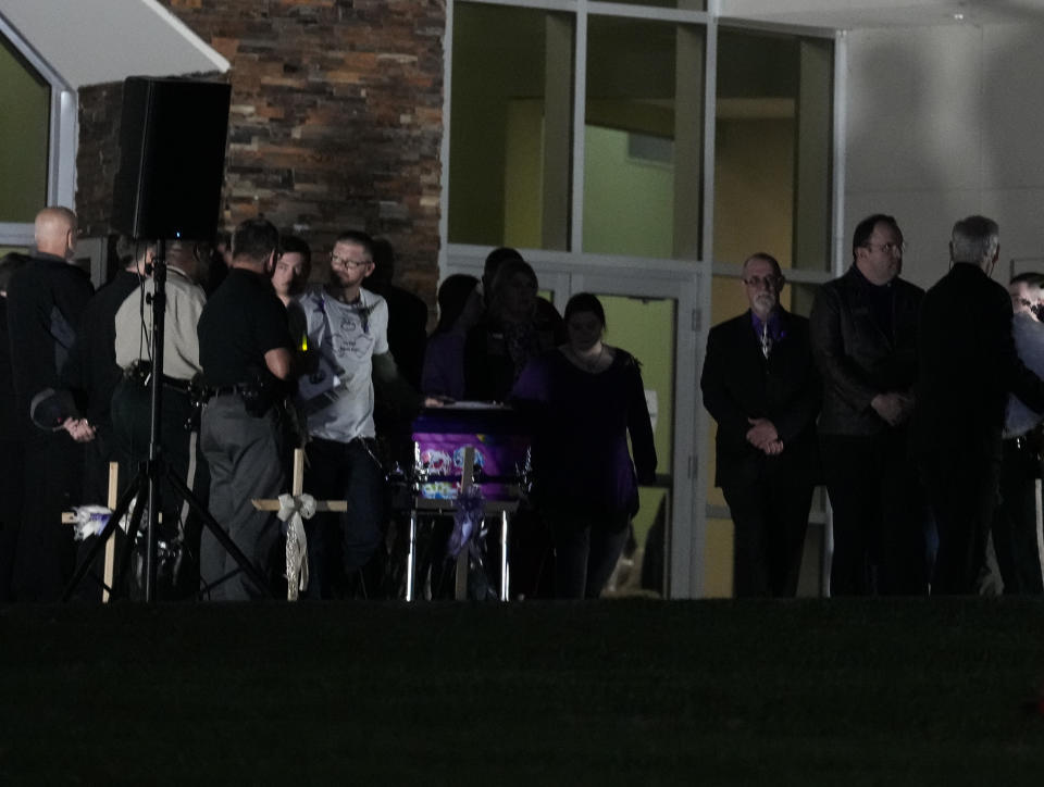 Audrii Cunningham's casket is brought out following a public visitation Friday, March 1, 2024, at First Baptist Church in Livingston, Texas. Audrii's body was found on the banks of the Trinity River Feb. 20. (Yi-Chin Lee/Houston Chronicle via AP)