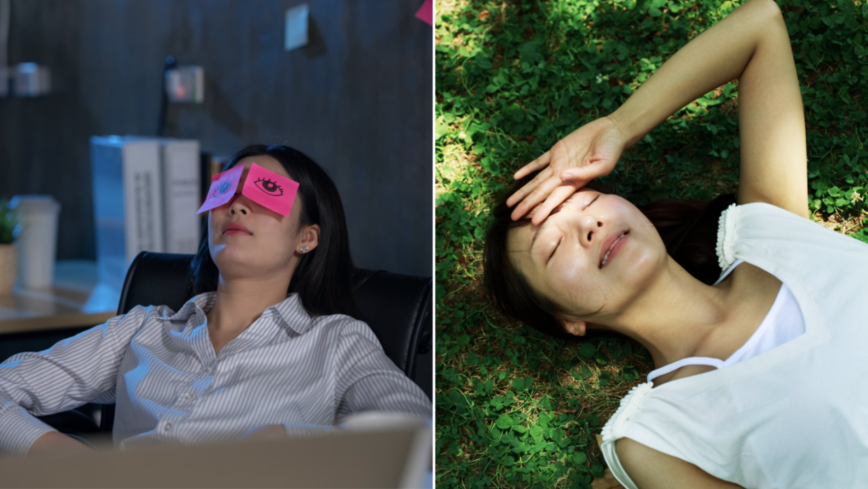 Woman with post-it notes on eyes in office (left) and woman lying on grass patch to rest and recuperate (Photos: Getty Images) 
