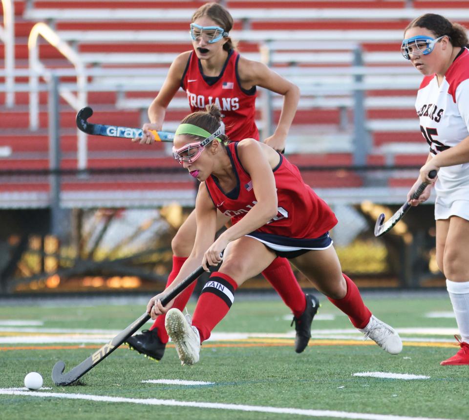 Bridgewater-Raynham's Isabella Holland stick handles during a game versus Brockton on Wednesday, Sept. 21, 2022.  