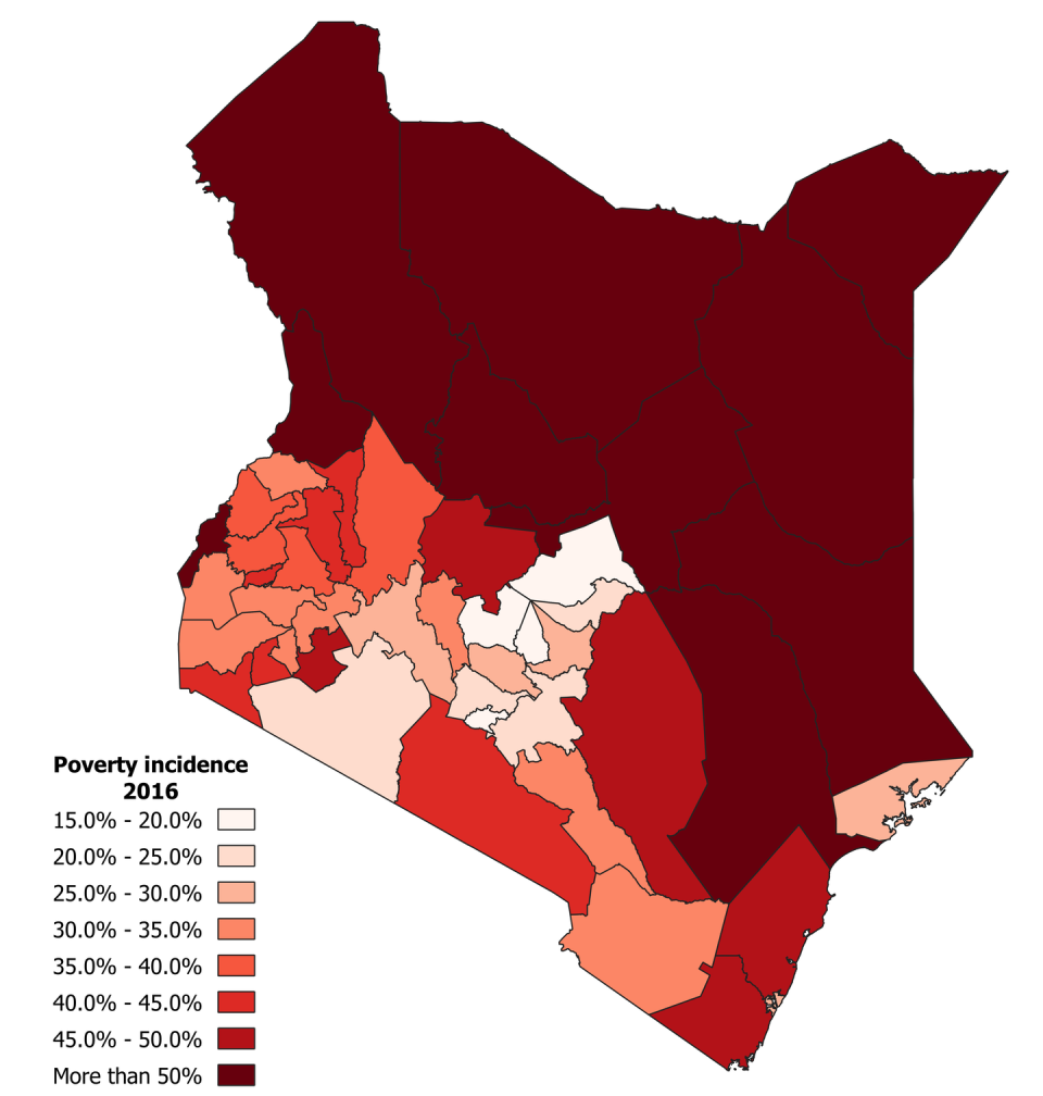 Mapa de Kenia con la incidencia de pobreza por regiones.