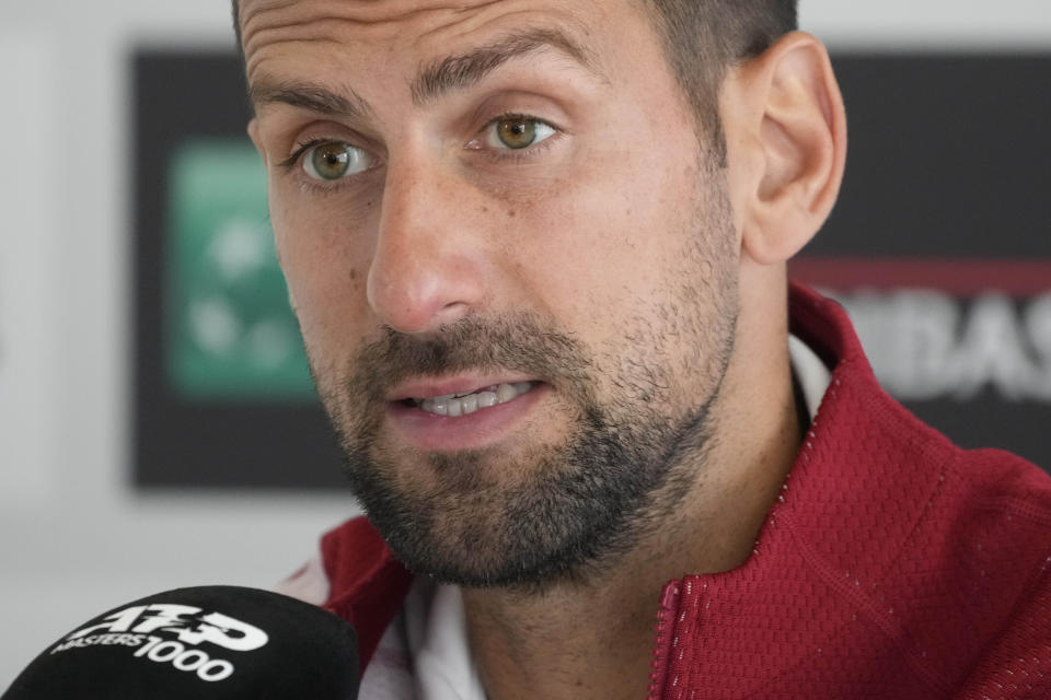 Serbia's Novak Djokovic talks to journalists during a press conference at the Italian Open tennis tournament in Rome, Wednesday, May 8, 2024.(AP Photo/Gregorio Borgia)