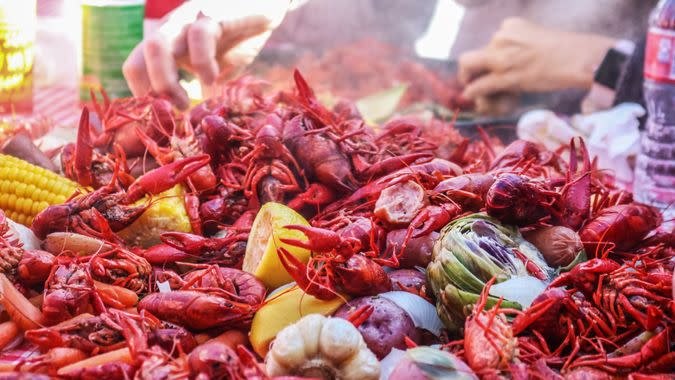 Boiled crawfish and vegetables