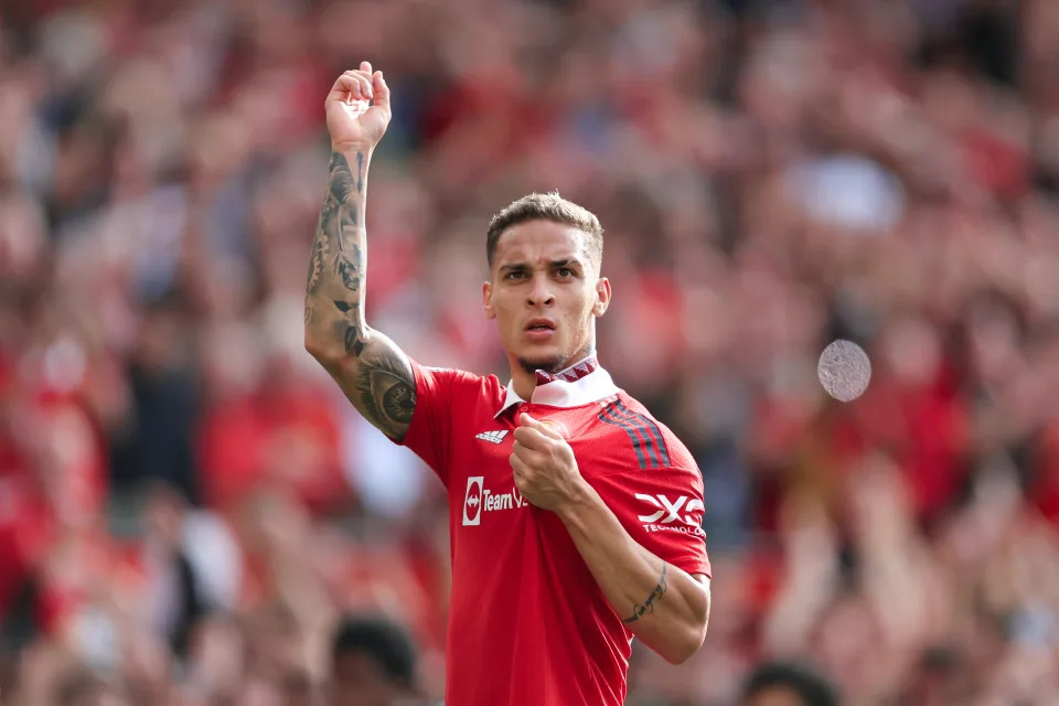 MANCHESTER, ENGLAND - SEPTEMBER 04: Antony of Manchester United celebrates after scoring their 1st goal during the Premier League match between Manchester United and Arsenal FC at Old Trafford on September 4, 2022 in Manchester, United Kingdom. (Photo by Simon Stacpoole/Offside/Offside via Getty Images)