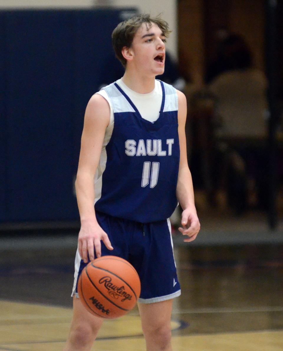 Maxwell Scott hit five 3-pointers for the Sault Ste. Marie boys' basketball team in a win over Rudyard this week.