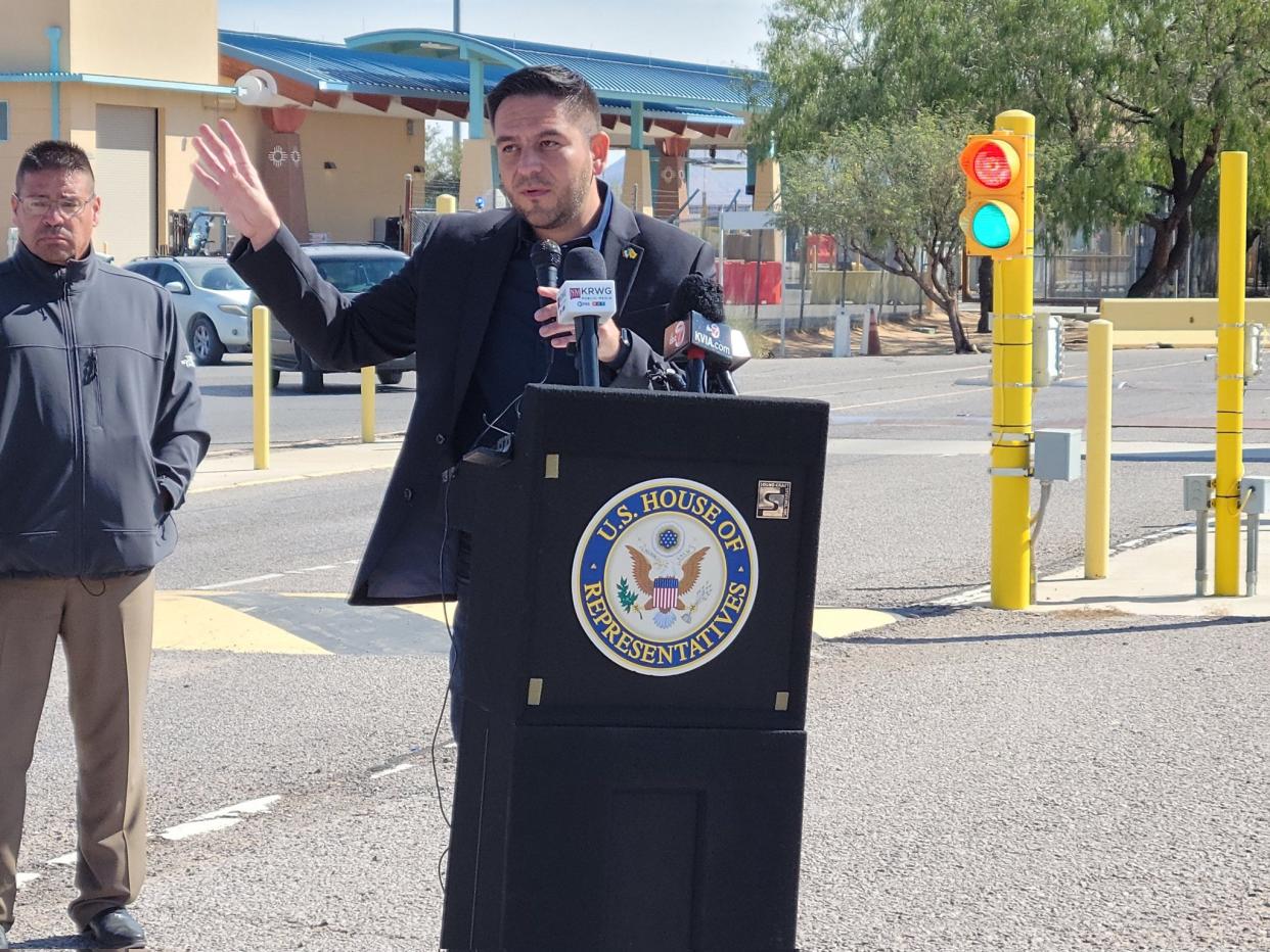 New Mexico District 2 Representative Gabe Vasquez speaks Monday from the Santa Teresa Port of Entry during a press conference to announce a package of five bills related to immigration he plans to introduce.