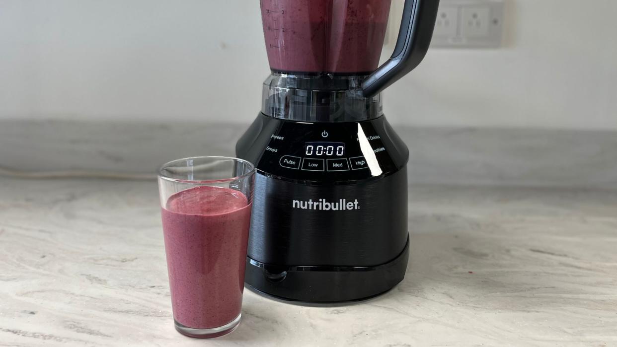  A close up of a smoothie made in the Nutribullet Smart Touch Blender. 