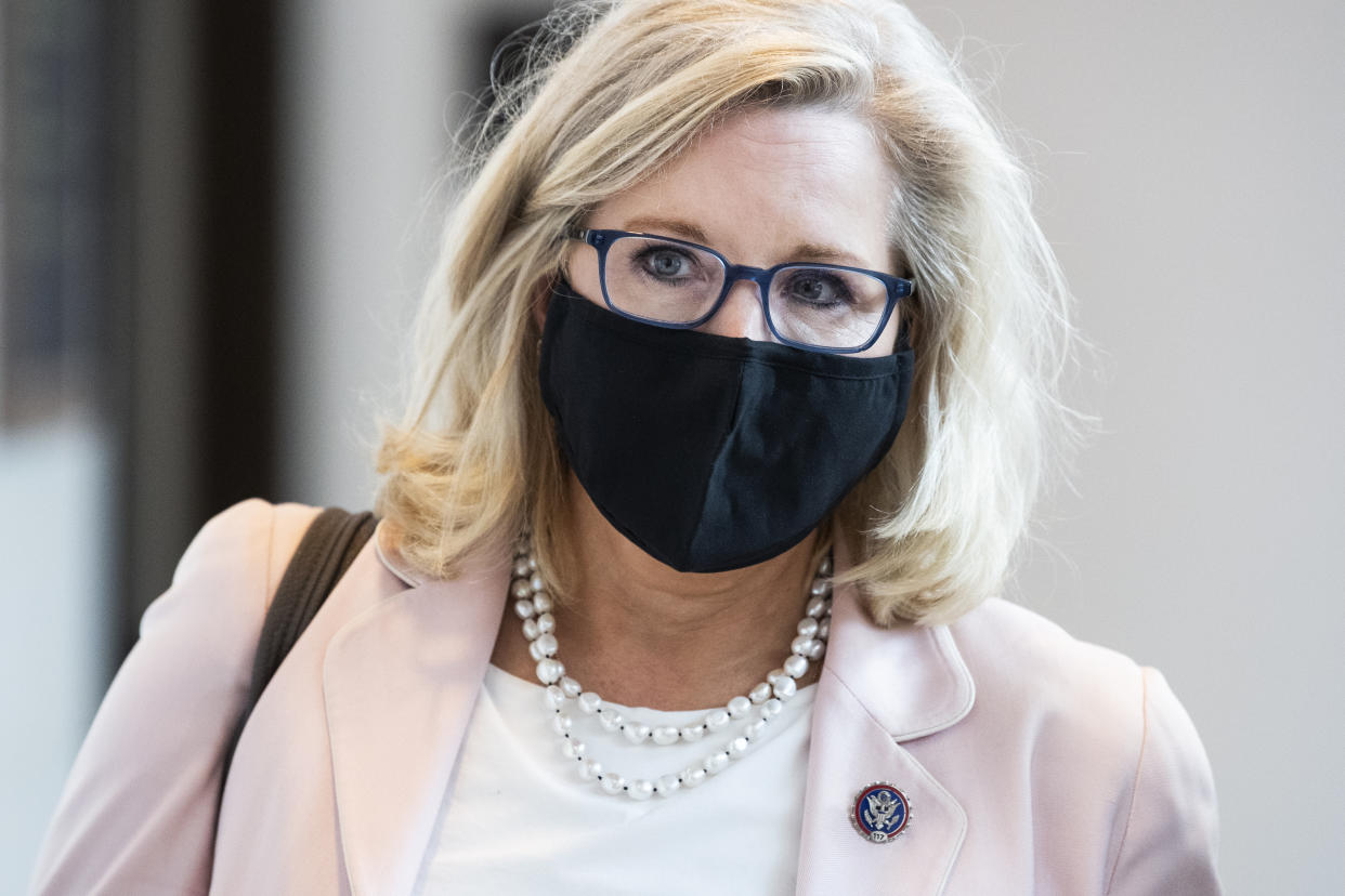 Rep. Liz Cheney, R-Wyo., wearing a mask, in the Capitol on Aug. 24, at the time of the U.S. withdrawal from Afghanistan.