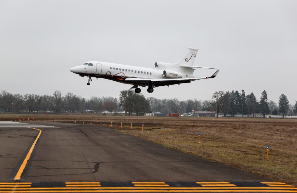 A private jet lands at the Salem Municipal Airport in Salem in 2022.