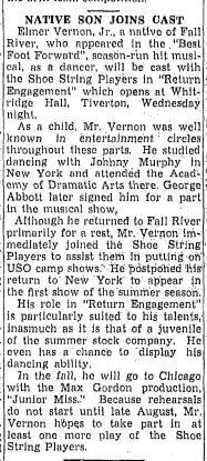 A newspaper article from July 5, 1942, about actor and Fall River native Glen Vernon, here credited as "Elmer Vernon Jr."