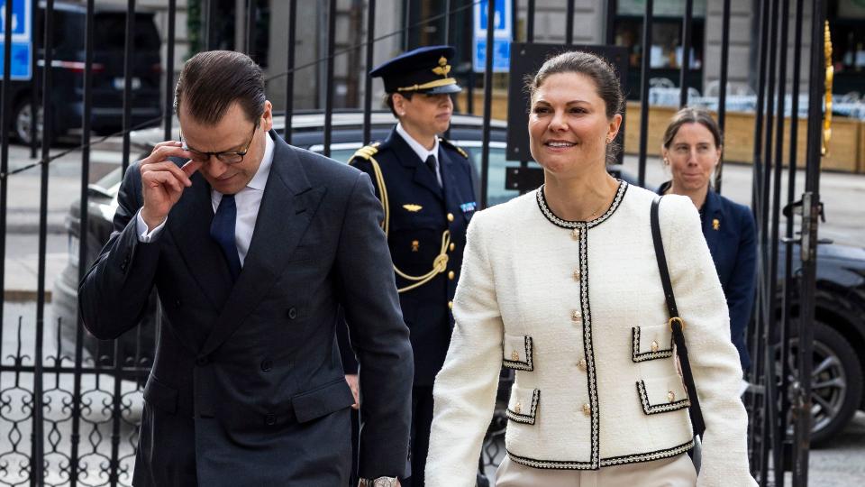 Crown Princess Victoria walking with Daniel in white trousers and jacket