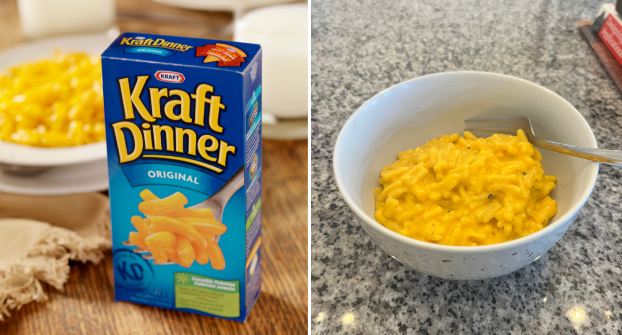Box of kraft dinner macaroni and cheese next to bowl of cooked macaroni and cheese