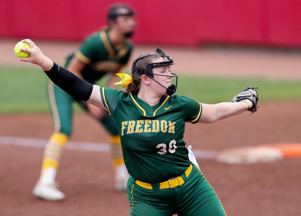 Freedom's Peyton VandeLoo was 17-1 last season in the circle in leading the Irish to the WIAA Division 2 state championship.