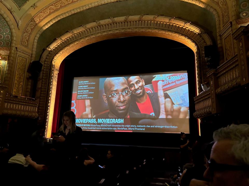 MoviePass MovieCrash picture presented on screen at theater
