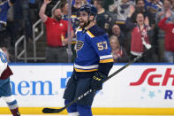 St. Louis Blues' David Perron celebrates after scoring during the second period in Game 4 of an NHL hockey Stanley Cup second-round playoff series against the Colorado Avalanche Monday, May 23, 2022, in St. Louis. (AP Photo/Jeff Roberson)