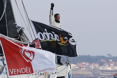 French skipper Armel Le Cleac'h reacts after he crossed the finish line to win the solo round-the-world Vendee Globe race, in the waters off the Les Sables d'Olonne on France's Atlantic coast January 19, 2017. REUTERS/Regis Duvignau