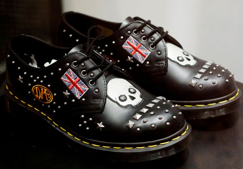 FILE PHOTO: FILE PHOTO: A pair of Dr. Martens shoes adorned with the Union Jack is displayed at a shop in Singapore