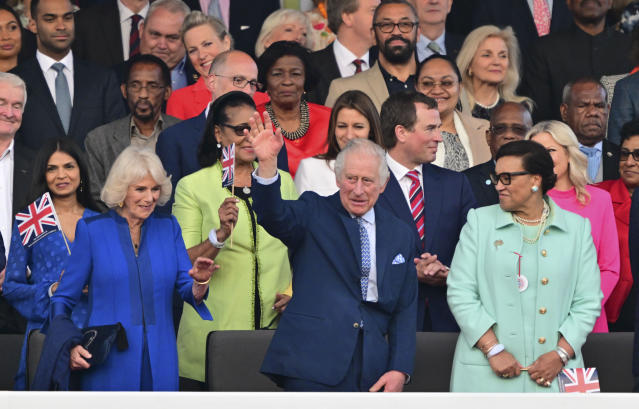 King Charles III, Queen Camilla and Baroness Scotland, right, during the concert at Windsor Castle in Windsor, England, Sunday, May 7, 2023, celebrating the coronation of King Charles III. It is one of several events over a three-day weekend of celebrations. (Mark Large/Pool Photo via AP)