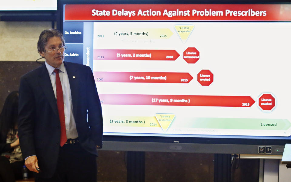 Defense attorney Larry Ottaway speaks during closing arguments in Oklahoma's ongoing opioid drug lawsuit against Johnson & Johnson, Monday, July 15, 2019, in Norman, Okla. (AP Photo/Sue Ogrocki, Pool)