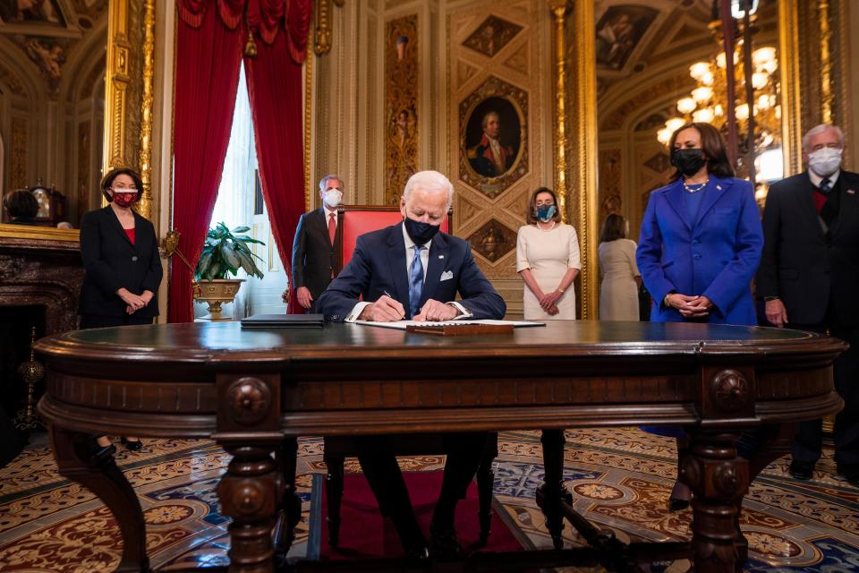 President Joe Biden signs three documents including an inauguration declaration and cabinet nominationsAP