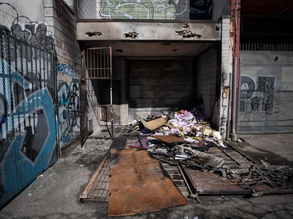 The aftermath of a fire at the Chinese Cultural Centre in Vancouver, British Columbia on Monday, March 27, 2023.  (Ben Nelms/CBC - image credit)