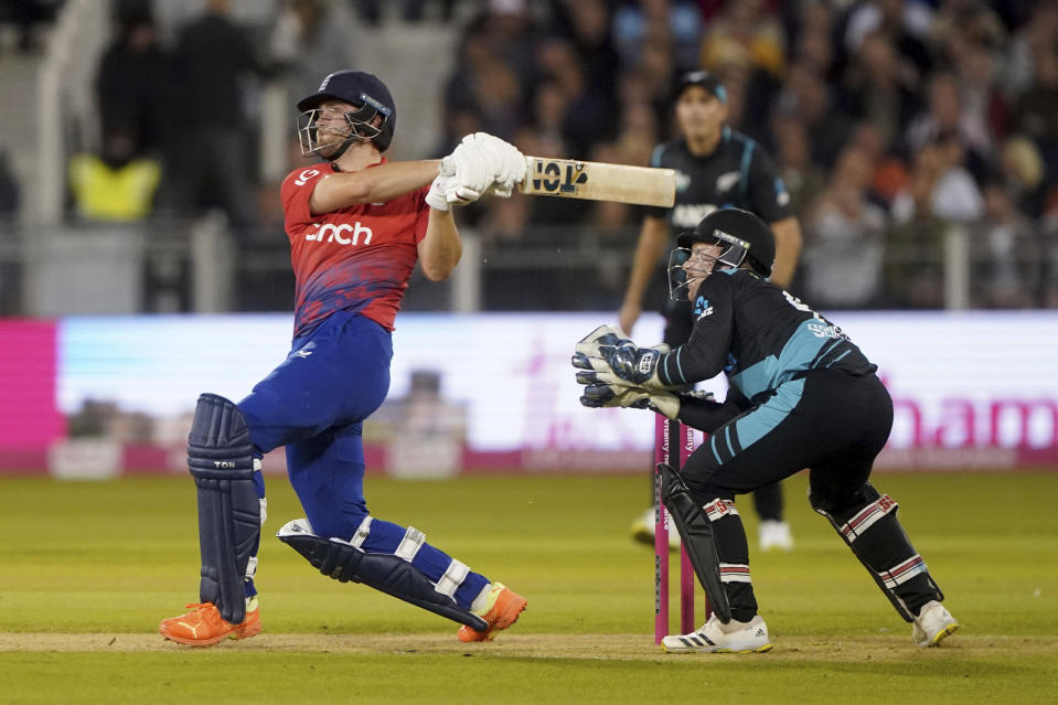 England's Will Jacks is caught out by New Zealand's Finn Allen, during the first IT20 cricket match between England and New Zealand, at the Seat Unique Riverside, in County Durham, England, Wednesday, Aug. 30, 2023. (Owen Humphreys/PA via AP)