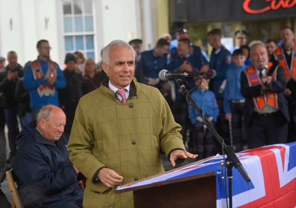 Politics Brexit Rally. Ben Habib addresses the crowd during the Anti Protocal rally in Ballymena County Antrim. Saturday 30th April 2022. Picture Mark Marlow