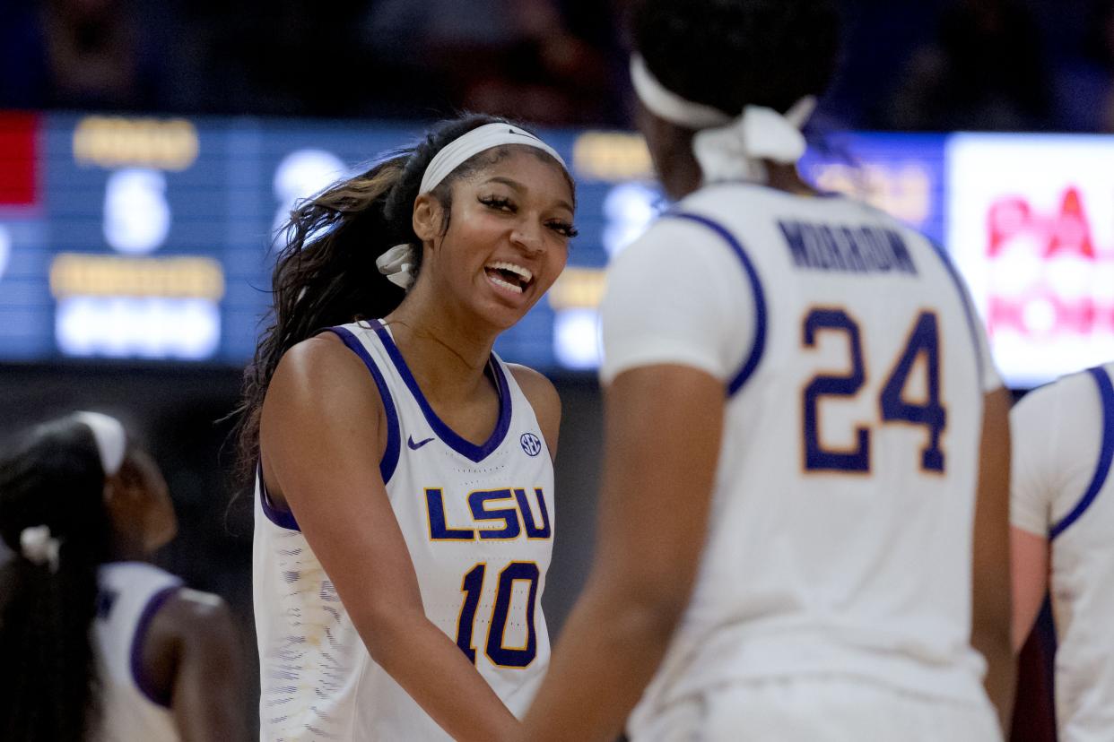 LSU's Angel Reese (10), shown here with guard Aneesah Morrow (24), is one of the biggest stars of the NIL era.