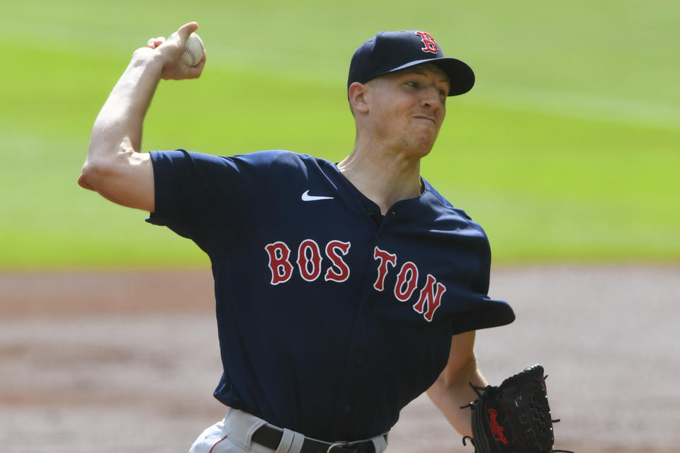 Boston Red Sox pitcher Nick Pivetta works against the Atlanta Braves during the first inning of a baseball game Sunday, Sept. 27, 2020, in Atlanta. (AP Photo/John Amis)