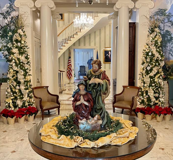 The Louisiana Governor's Mansion foyer is decorated for Christmas on Dec. 6, 2022.