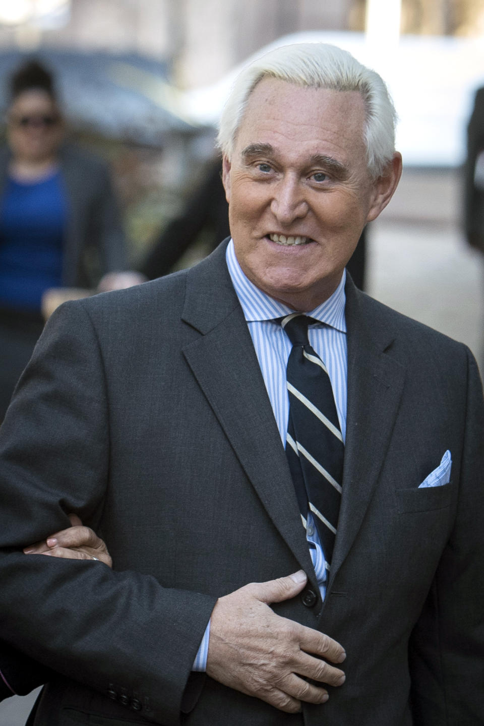 Roger Stone arrives at Federal Court for the second day of jury selection for his federal trial, in Washington, Wednesday, Nov. 6, 2019. (AP Photo/Cliff Owen)