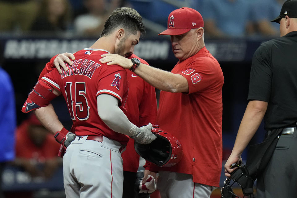 Los Angeles Angels manager Phil Nevin (88) and Randal Grichuk (15) look at Grichuk's helmet after he was hit in the head by a pitch from Tampa Bay Rays' Shawn Armstrong during the ninth inning of a baseball game Tuesday, Sept. 19, 2023, in St. Petersburg, Fla. Grichuk left the game. (AP Photo/Chris O'Meara)