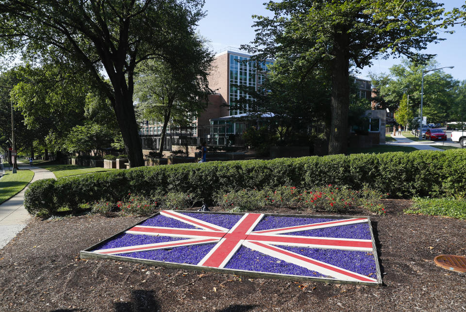 The British Embassy in Washington, Wednesday, July 10, 2019. British ambassador to the U.S., Kim Darroch, resigned Wednesday, just days after diplomatic cables criticizing President Donald Trump caused embarrassment to two countries that often celebrated having a "special relationship". (AP Photo/Pablo Martinez Monsivais)