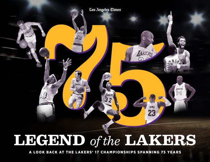 An image of the cover of the Los Angeles Times' book marking the 75th anniversary of the Lakers