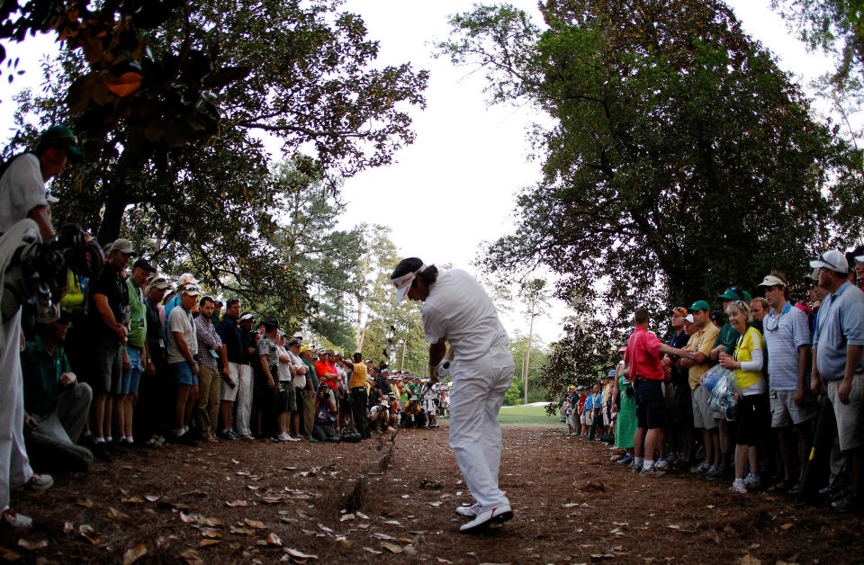 AUGUSTA, GA - APRIL 08:  Bubba Watson of the United States plays at a shot from the rough on second sudden death playoff hole on the 10th during the final round of the 2012 Masters Tournament at Augusta National Golf Club on April 8, 2012 in Augusta, Georgia.  (Photo by Streeter Lecka/Getty Images)