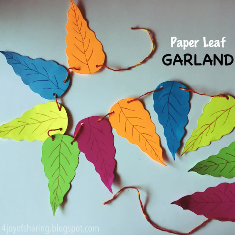 <p>The Joy of Sharing</p><p>You can find this festive Thanksgiving garland DIY at <a href="https://www.thejoysharing.com/2017/10/paper-leaf-garland.html" rel="nofollow noopener" target="_blank" data-ylk="slk:The Joy of Sharing;elm:context_link;itc:0;sec:content-canvas" class="link rapid-noclick-resp"><em>The Joy of Sharing</em></a>.</p>