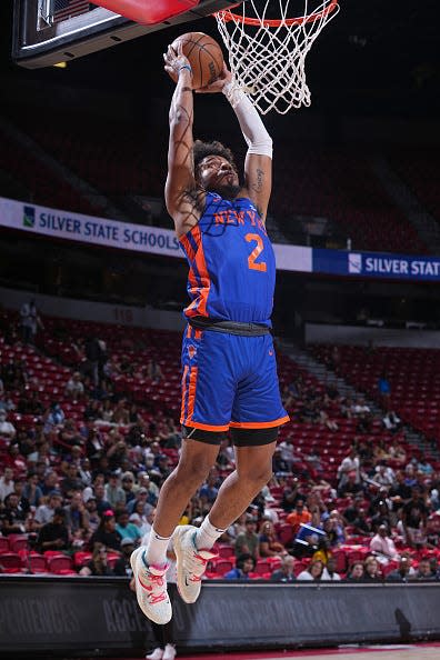 Miles McBride of the New York Knicks shoots the ball during the game against the Orlando Magic during the 2022 Las Vegas Summer League on July 14, 2022 at the Thomas & Mack Center in Las Vegas, Nevada.