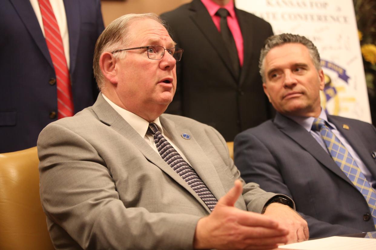 House Speaker Dan Hawkins, R-Wichita, and Senate President Ty Masterson, R-Andover, spoke to reporters early Wednesday morning after the Legislature adjourned for the year. Lawmakers passed a bipartisan tax cut plan, but Gov. Laura Kelly plans to veto it and call a special session.