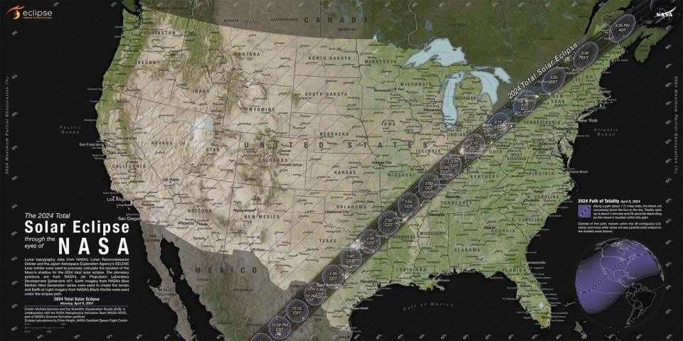 El eclipse solar total será visible a lo largo de una pista estrecha que se extenderá desde Texas hasta Maine el 8 de abril de 2024. Un eclipse parcial será visible en los 48 estados contiguos de EE.UU.