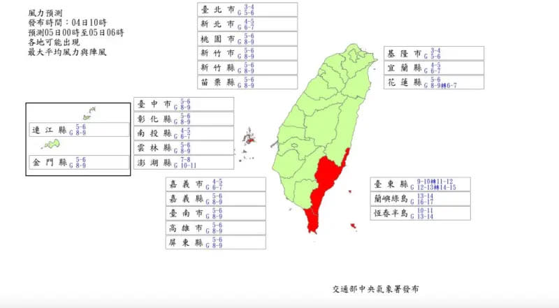 ▲據氣象署公布最新的小犬颱風風雨預報，風力達到颱風假標準的地區包括，台東、恆春半島、綠島蘭嶼、澎湖。（圖／中央氣象署提供）