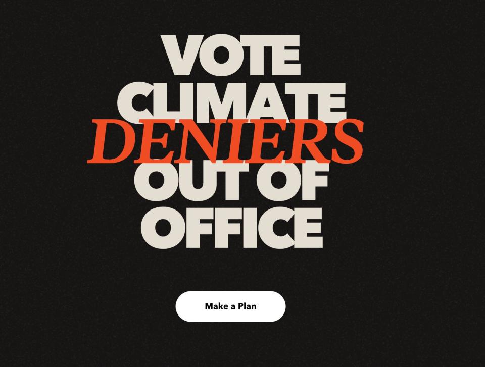 Bold graphics on Patagonia's website urge visitors to &ldquo;vote climate deniers out of office.&rdquo; (Photo: Patagonia)