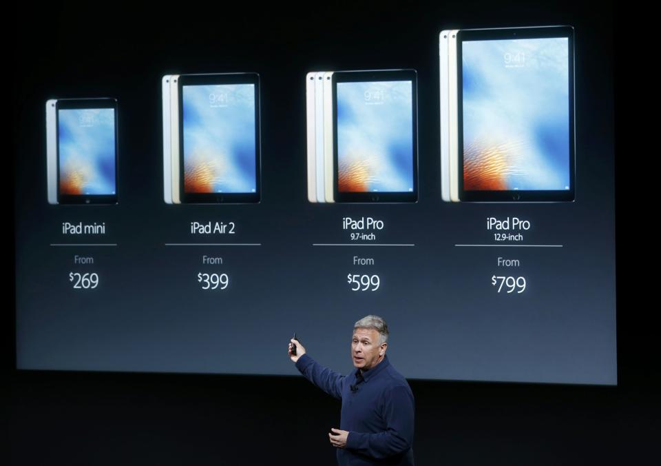 Phil Schiller, senior VP of worldwide marketing for Apple, introduces the iPad line during an event at the Apple headquarters in Cupertino, California March 21, 2016. REUTERS/Stephen Lam