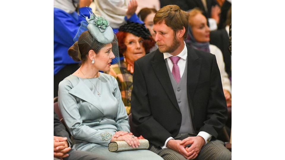 The Crown Prince Leka and Crown Princess Elia of Albania attend the wedding ceremony of Grand Duke George Mikhailovich Romanov and Victoria Romanovna Bettarini in 2021