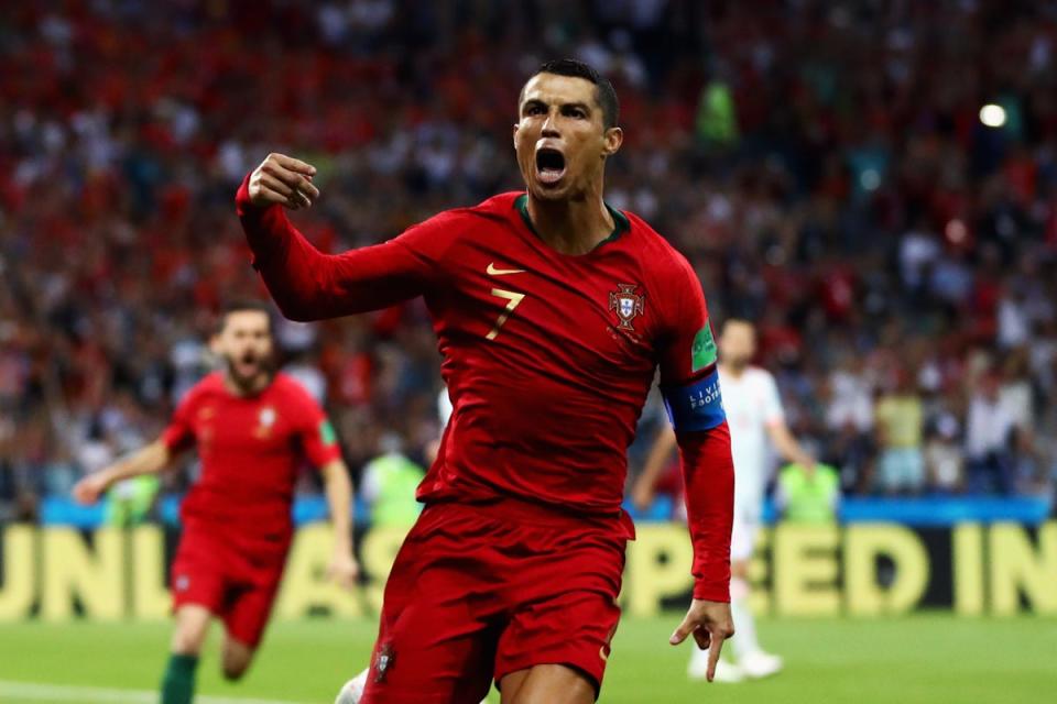 Cristiano Ronaldo of Portugal celebrates after scoring his team's first goal during the 2018 FIFA World Cup Russia group B match between Portugal and Spain at Fisht Stadium on 15th June 2018 in Sochi, Russia (Getty Images)