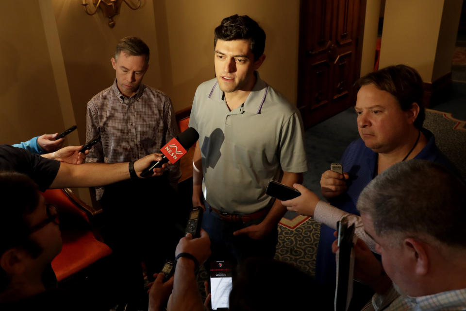 Boston Red Sox general manager Chaim Bloom speaks during a media availability during the Major League Baseball general managers annual meetings, Tuesday, Nov. 12, 2019, in Scottsdale, Ariz. (AP Photo/Matt York)