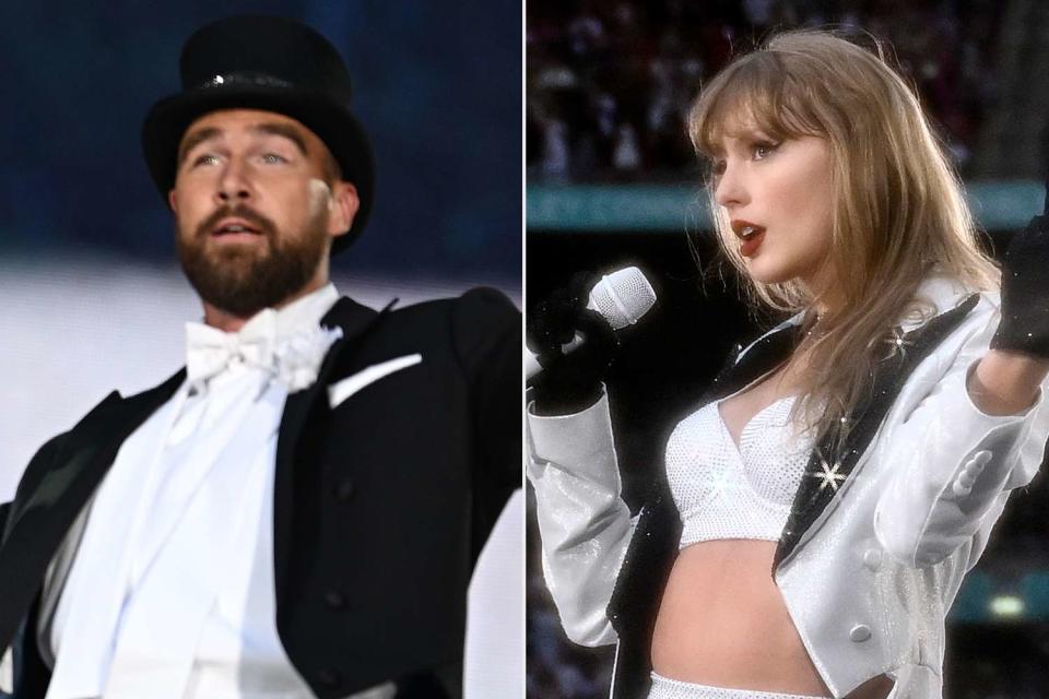 <p>Gareth Cattermole/TAS24/Getty (2)</p> Travis Kelce and Taylor Swift onstage at the Eras Tour in London on June 23, 2024