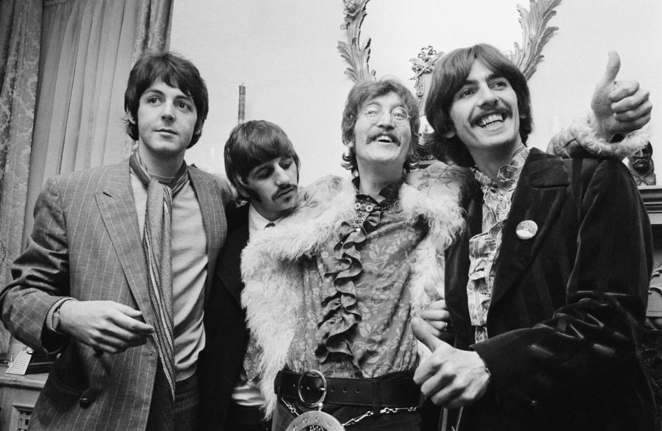 The Beatles at the press launch for their new album 'Sergeant Pepper's Lonely Hearts Club Band', held at Brian Epstein's house at 24 Chapel Street, London, 19th May 1967.&nbsp;