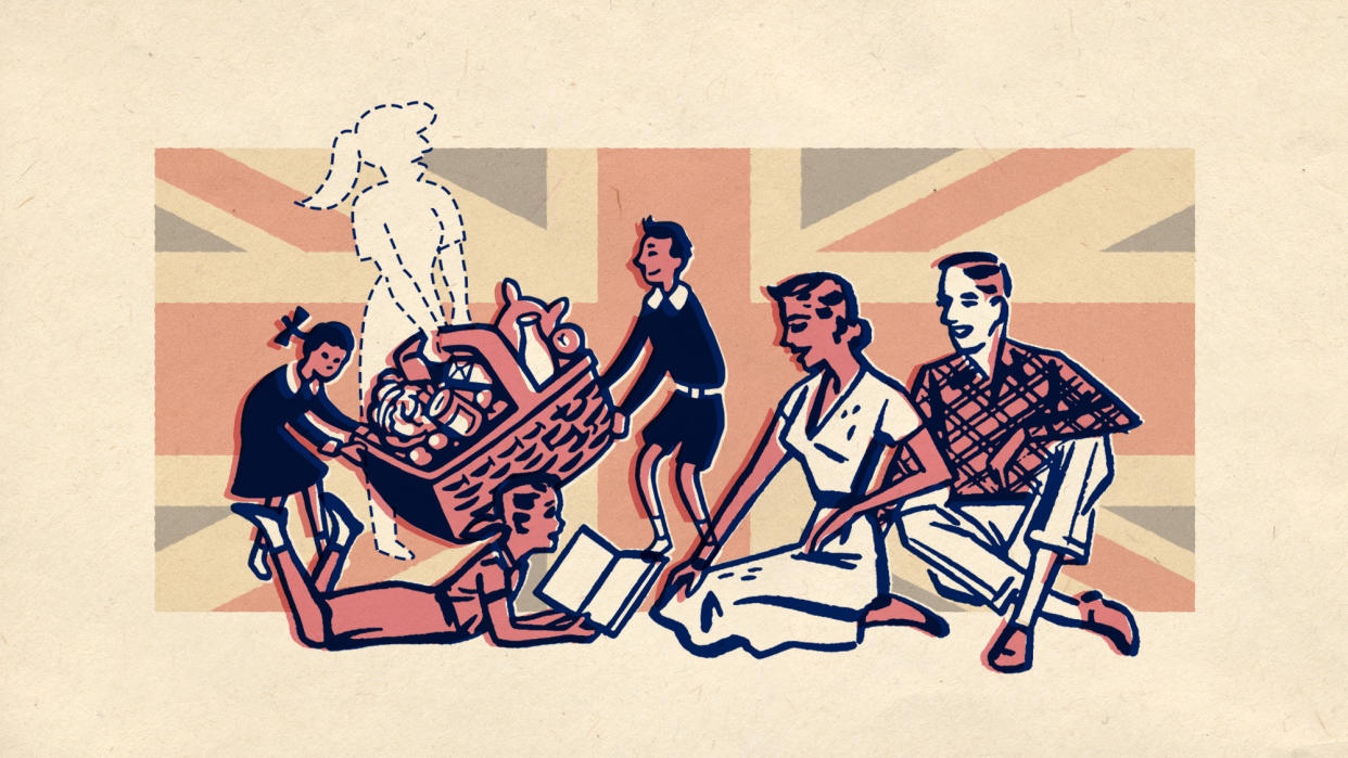  Collage of a vintage illustration of a family having a picnic. There is a cutout blank space in the shape of a young woman, carrying the picnic basket. In her absence, two small kids struggle to hold it up. In the background, there is a flag of the UK. 