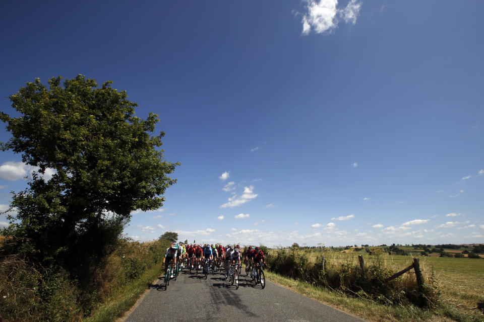 The pack rides during the tenth stage of the Tour de France cycling race over 217 kilometers (135 miles) with start in Saint-Flour and finish in Albi, France, Monday, July 15, 2019. (AP Photo/ Christophe Ena)